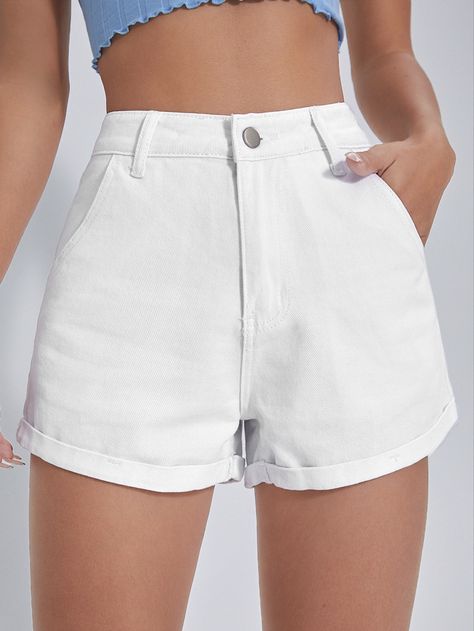 White Jean Shorts Outfit, Shorts Jeans Branco, Short Blanc, Blue Knit Sweater, White Jean Shorts, High Waisted Jean Shorts, Mom Shorts, Slim Fit Shorts, Rolled Hem