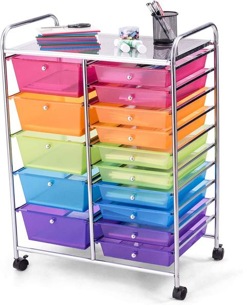 Large Storage Space: The combination of 5 big drawers&10 small drawers provides enough space for you to store items in different categories. You can organize cosmetics & beauty products, handcrafts&art supplies as well as tools and accessories. Equipped with 4 bottom casters, this rolling cart can swivel 360 degrees for convenient mobility. Besides, brakes on 2 casters&interlock system ensure its stability. Moreover, smooth surface of casters effectively prevent the floor from being scratched. Kids Craft Storage, Organize Cosmetics, Rolling Drawers, Drawer Cart, School Storage, Organization Cart, Rolling Storage Cart, Storage Trolley, Rolling Storage