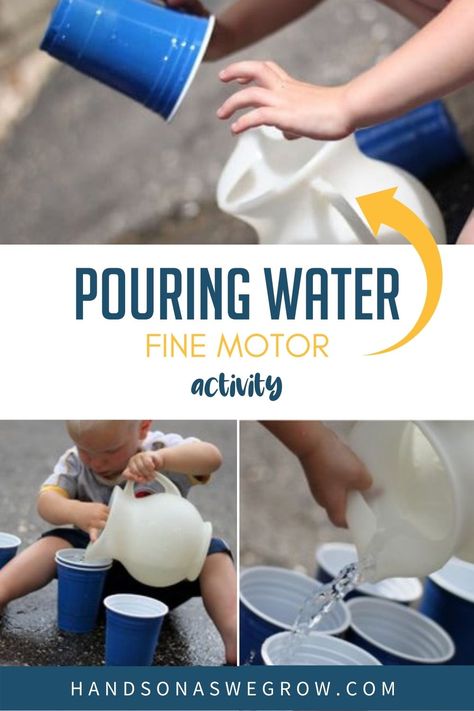 Teach simple fine motor like skills to 1 and 2 year old toddlers with a quick and simple water pouring activity you can take outside or to the bathtub using only household items. Pouring Activities For Toddlers, Pouring Activity, Water Cycle Craft, Water Study, Skill To Learn, Water Pouring, Summer Preschool Activities, Outdoor Activities For Toddlers, Pouring Water