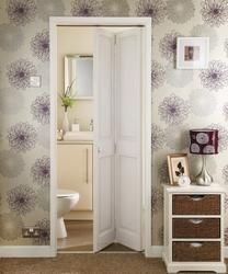 utility room to kitchen.  oak or painted bi-fold to save space? Sliding Door Toilet Room, Bifold Door For Toilet Room, Bifold Door Bathroom, Bi Fold Toilet Door, Foldable Bathroom Door, Acordian Doors Bathroom, Bifold Bathroom Door, Understairs Cupboard, Guest Washroom