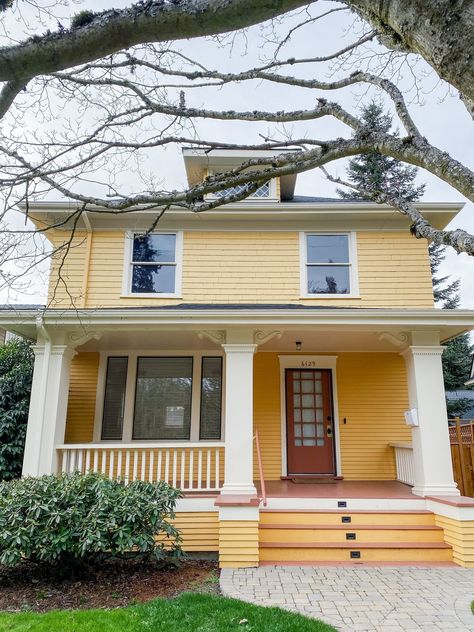 Benjamin Moore’s Semolina transformed this cute craftsman into a bright and sunny home. Benjamin Moore Exterior, Custom Bench Seating, Exterior House Color, Seattle Homes, Exterior Paint Color, Colour Consultant, Custom Benches, House Color, Kitchen And Bath Design