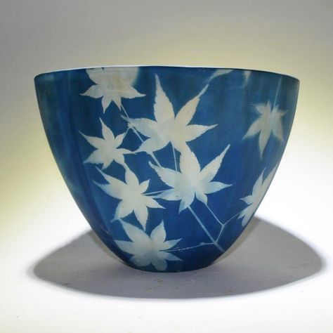 Maple leaves cyanotype printed on porcelain bowl - Rika Herbst Cyanotype On Ceramic, Cyanotype Ceramic, Sun Printing, Cyanotype Process, Sun Prints, Alternative Photography, Leaf Bowls, Elementary Art Projects, Eco Printing