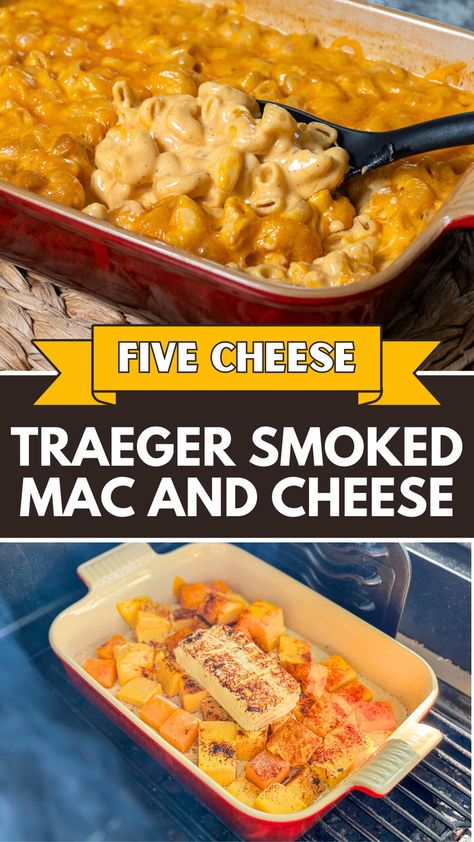 Two-image collage featuring homemade Traeger smoked mac and cheese with five types of cheese. Smoker Mac And Cheese, Bbq Spread, Easy Casserole Recipe, Homemade Macaroni And Cheese, Food To Cook, Smoked Mac And Cheese, Barbecue Sides, Mac And Cheese Casserole, Casserole Side Dishes