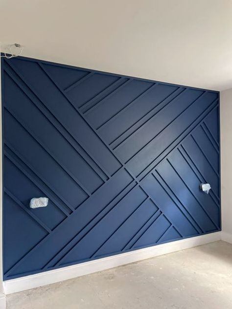 Navy Wood Paneling, Geometric Panelling Bedroom, Blue Wood Panel Wall, Navy Blue Wall Paneling Bedroom, Navy Bedroom Panelling Wall, Navy Blue Bedroom With Wood Accent Wall, Blue Wall Panelling Living Room, Navy Blue Paneling, Navy Beauty Salon