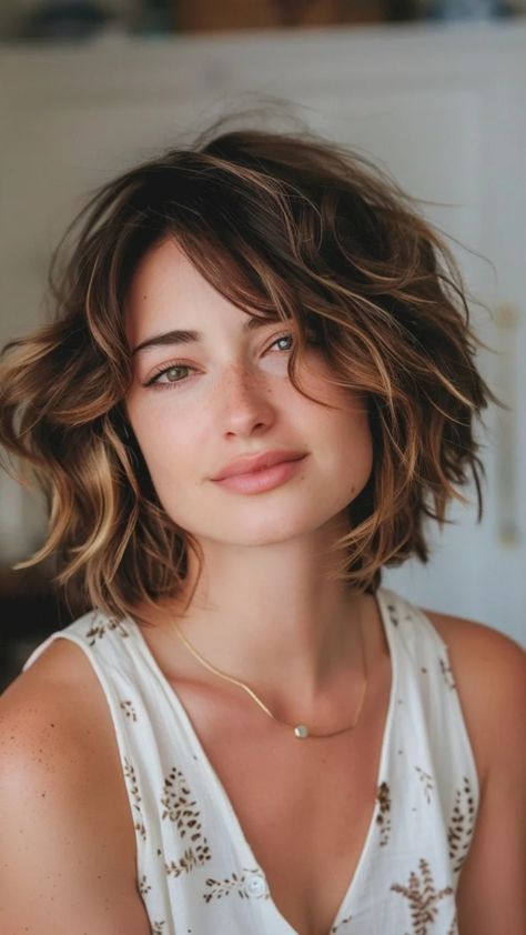 Person with short, wavy hair and a relaxed expression, wearing a white top. Curly Shag Bob, Short Shag Bob, Curly Shag With Bangs, Long Shaggy Hairstyles, Modern Shag Haircuts, Shag With Bangs, Haircuts Shoulder Length, Shag Bob, Medium Textured Hair