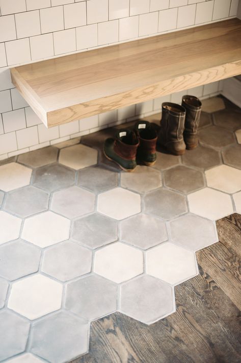 How a Hexagon Can Also Be a Chameleon | Rustic Elegance Handcrafted in Los Angeles Since 1966 Hex Tiles Kitchen, Tiles Hexagon, Hexagon Floor, Hexagon Tile Floor, Laundry Room Flooring, Square Kitchen, Hexagon Tile, Brick Tiles, Concrete Tiles