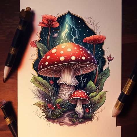 Neotraditional Amanita Muscaria Mushroom Tattoo Design Mushroom Forest Tattoo, Mushroom Tattoos Color, Fantasia Mushrooms Tattoo, Trippy Mushroom Tattoo, Mushroom Scene Tattoo, Mushroom Tattoo, Mushroom Tattoo Ideas, Trippy Mushroom Tattoo Design, Mushroomtattoo Ideas