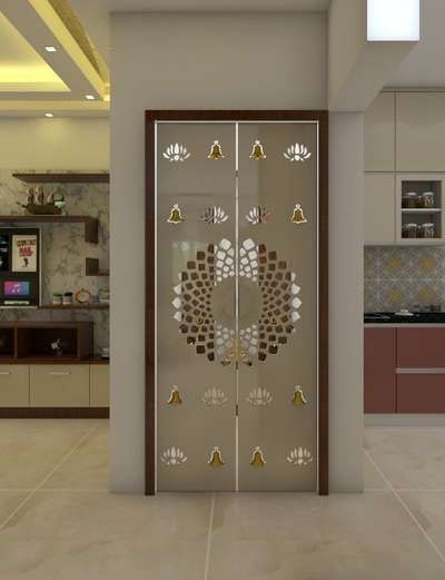 Designs by Interior Designer ACE Solution, Indore | Kolo Pooja Door Design, Indian Room Decor, Temple Design For Home, Indian Home Design, Living Room Tv Unit Designs, Hall Interior Design, Pooja Room Door Design, Door Glass Design, Pooja Room Design