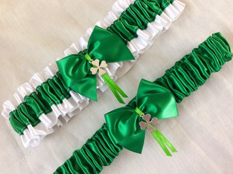 White Emerald Green Satin Lucky Shamrock Clover Single Garter or Garter Set Lucky Four Leaf Clover, White Garters, Wedding Garters, Clover Charm, Garter Set, Four Leaves, Lucky Clover, Luck Charms, Happy Marriage