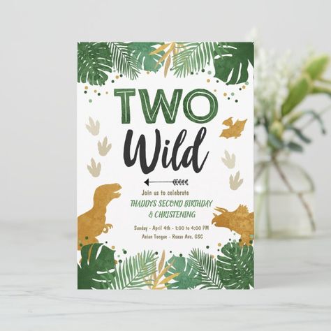 Two Wild Dino Party Boy Gold Dinosaur 2nd Birthday Invitation | Zazzle.com Two Wild Birthday, Wild One Birthday Invitations, Dinosaur Invitations, Two Wild, Dino Birthday Party, Dinosaur Birthday Invitations, Party Boy, 2nd Birthday Invitations, Dino Birthday