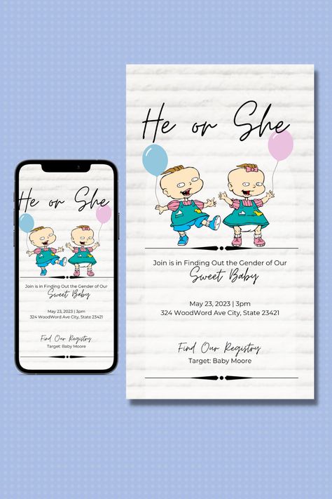 perfect gender reveal phil and lil from rugrats Phil Or Lil Rugrats Gender Reveal, Phil And Lil Gender Reveal, Phil Or Lil Gender Reveal, Rugrats Gender Reveal, Phil And Lil Rugrats, Gender Reveal Template, Gender Reveal Party Theme, Gender Reveal Themes, Baby Gender Reveal Party