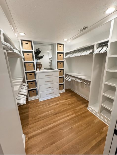 New House Closet Ideas, Best Closet Layout For Women, Custom Built Walk In Closet, Separate Master Closets, Walk In Closet Ideas Large, Basic Master Closet, 12x5 Walk In Closet, Walk In Wardrobe U Shape, Master Closet Flooring Ideas