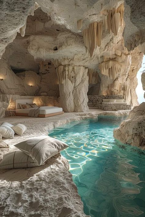 Underwater Room, Cave Design, Cave Pool, Dream Bedroom Inspiration, Jungle House, Cave House, Beautiful Pools, Witch House, Room Makeover Inspiration