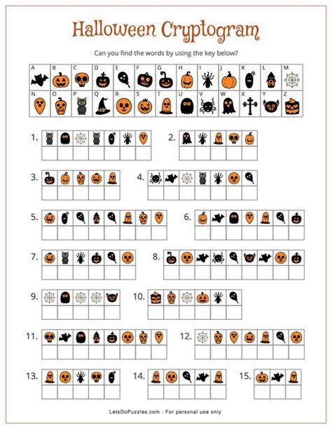 Free Printable Trick or Treat Cryptogram Halloween Cryptogram For Kids, Halloween Cryptogram, After Work Activities, Fun Activities With Kids, Ghosts And Pumpkins, Encrypted Messages, Printable Games For Kids, Free Printable Halloween, Fall Words