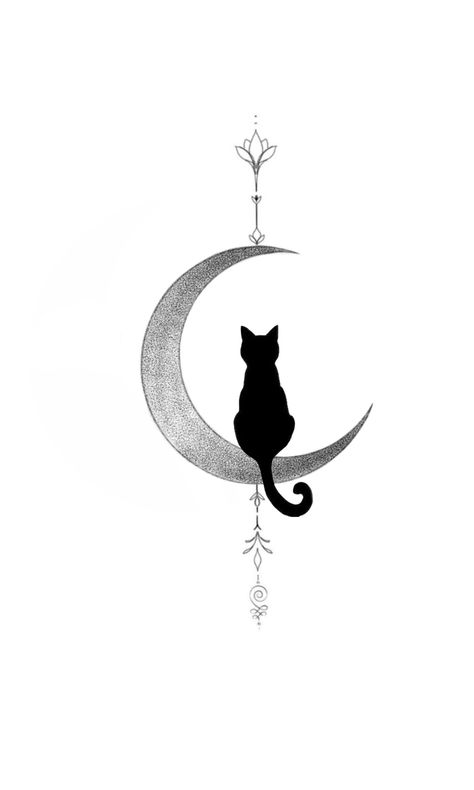 Sassy Cat Tattoo, Cat Moon Flower Tattoo, Black White Cat Tattoo, Small Black Cat Tattoo Silhouette, Witch And Cat Tattoo, Black Cat And Moon Tattoo, Cat Goddess Tattoo, Cat Tattoo Moon, Cat Ying Yang Tattoo