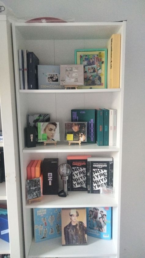 Enhypen Shelf, Albums Shelf, Enhypen Tour, Engene Core, Album Shelf, Kpop Albums Shelf, Enhypen Collection, Kpop Shelf, Bts Room