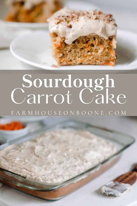 Completely made from scratch, this homemade sourdough carrot cake is absolutely delicious. Super moist with the perfect amount of spice, it's topped with a decadent cream cheese frosting. This is one of our favorite cakes. #farmhouseonboone #sourdough #sourdoughcake #sourdoughcarrotcake Sourdough Carrot Cake, Recipe With Cream Cheese, Recipe Using Sourdough Starter, Instant Family, Sourdough Starter Discard Recipe, Trifle Dish, Gluten Free Sourdough, Homemade Sourdough Bread, Homemade Sourdough