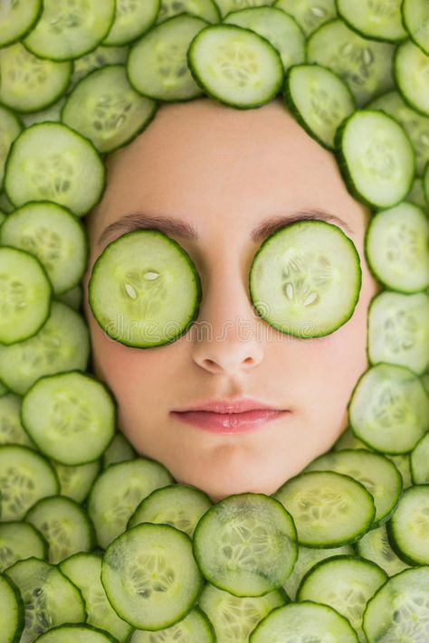 Beautiful woman with facial mask of cucumber slices on face stock photo Cucumber Face, Cucumber Mask, Cucumber Face Mask, Cucumber On Eyes, Cucumber For Face, Dry Skincare, Tumeric Face Mask, Face Mapping, Face Mask Recipe