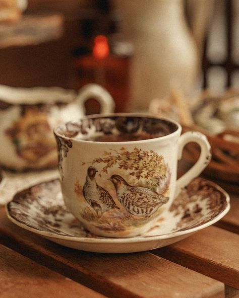 Cottagecore Kitchen Accessories, Coffee Cottagecore, Cottage Aesthetic, Dining Ware, Antique Candles, Brown Transferware, Pretty Mugs, Antique Dishes, Believe In Magic