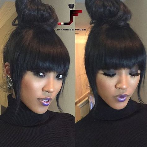 Fringe Bangs Black Women, Bangs Black Women, Knot Bun, Top Knots, Black Ponytail Hairstyles, Fringe Bangs, Pelo Afro, Fringe Hairstyles, Hair Ponytail Styles