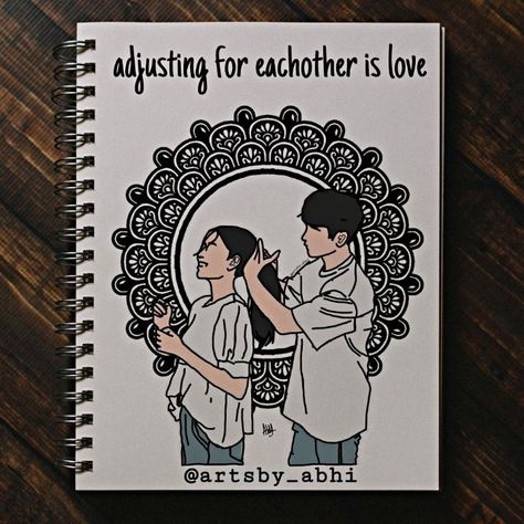 Dm for customised artworks/ purchases etc 🌼 Follow me on instagram with same ID:) Couple Mandala Art With Quotes, Drawing For Brother, Couple Mandala Art, Siblings Drawing, Love Mandala Art, Mandala Book, Easy Mandala Drawing, Couple Drawing, Boho Art Drawings