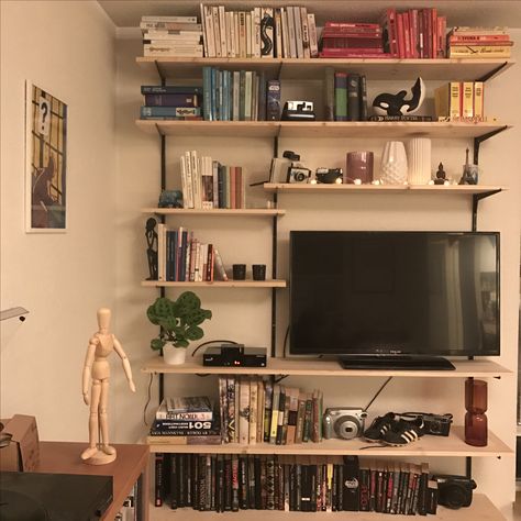 Tv On A Shelf, Above Tv Bookshelf, Books Above Tv, Bookshelf As Tv Stand, Shelving Ideas Around Tv, Bookshelf Above Tv, Tv With Shelves Around It, Books Under Tv, Bookshelf And Tv Wall