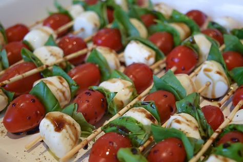 Pale pink and gold - A Bridal Shower | Mr. and Mrs. Powell Mozzarella Skewers, Catering Company, District Of Columbia, Healthy Appetizers, Northern Virginia, Wedding Catering, Caprese Salad, Skewers, Finger Foods