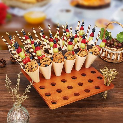 Ice Cream Cone Charcuterie, Ice Cream Cone Appetizers, Cone Holder Stand, Fruit Cones Party Ideas, Food In Cones, Food Cones Ideas, Cone Appetizer Ideas, Food Cones, Noodle Packaging