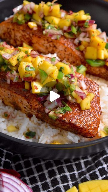 Sauced Up! on Instagram: "Mango 🤝 Salmon This fun weeknight dinner is a fun one! Enjoy sweet and spicy mango lime salsa over perfectly cooked seasoned salmon! This is a delicious and easy dinner so you don’t have to stress! Full recipe on my website! https://saucedupfoods.com/the-best-sweet-and-spicy-mango-lime-salmon/" Mango Salmon Recipes, Salmon And Mango Salsa, Salmon Mango Salsa, Salmon Recipe Videos, Salmon Ideas, Salmon With Mango Salsa, Spicy Mayo Recipe, Mango Salmon, Seasoned Salmon