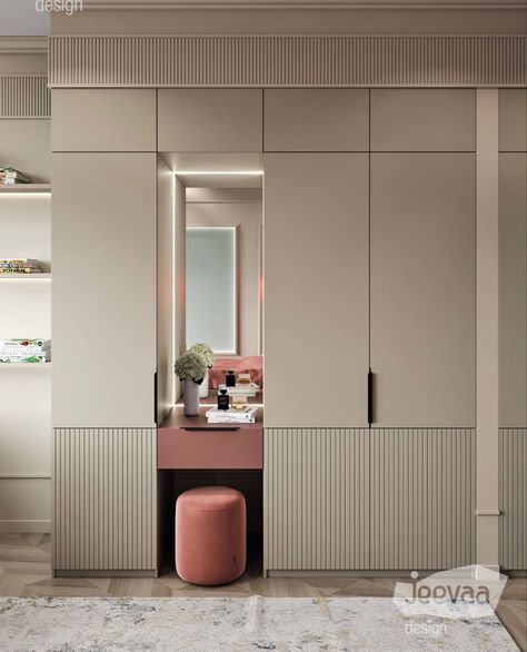 American Wardrobe Design, Pastel Colour Wardrobe, Vanity With Wardrobe, Luxury Wardrobe Design Bedroom, Bedroom Cabinets Modern, Pink Wardrobe Bedroom, Fluted Laminate Wardrobe, Wardrobe With Dresser, Modern Wardrobe Doors