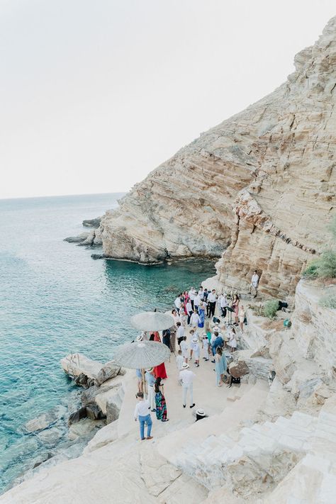 Cliffside micro wedding in Greece with an Ios Club sunset reception - 100 Layer Cake Ios Club Wedding, Greece Micro Wedding, Greece Ios, Corfu Beaches, Cliffside Wedding, Ios Greece, Greek Islands Wedding, Wrap Wedding Dress, Wedding In Greece