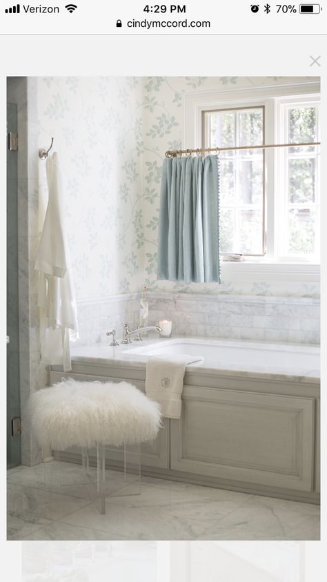 love the cafe curtain above the tub going 3/4 of the way up the window for better privacy. Pretty wallpaper too :) Bath Window, Bathroom Window Curtains, Cafe Curtain Rods, Custom Drapes, Cafe Curtains, Bathroom Colors, Colorful Curtains, Custom Curtains, Bathroom Shower Curtains