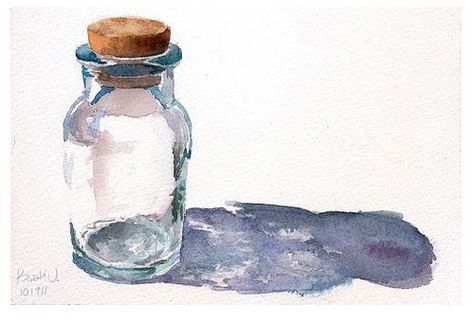 Watercolor painting of a glass bottle w/ cork *I'm not sure of who the artist is to give proper credit to, but I do see that they have their signature in the corner. Photographie Portrait Inspiration, Watercolour Inspiration, 수채화 그림, Tableau Art, Watercolor Sketch, Watercolor Inspiration, Watercolour Tutorials, Painting Watercolor, Watercolor Techniques