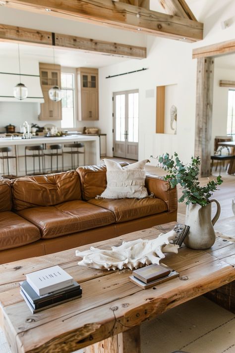 Modern Farmhouse Living Room And Kitchen, Rustic Living Room Leather Couch, Morden Farmhouse Living Room Ideas, Natural Farmhouse Living Room, Modern Country Chic Living Room, Natural Rustic Decor, Modern Farmhouse Leather Couch, Farmhouse Lounge Room, Rustic Lounge Room