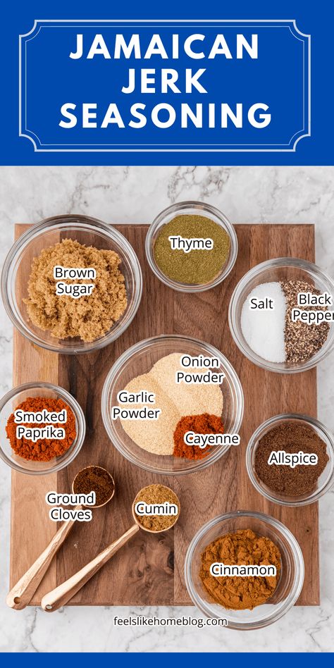 Jamaican Jerk Seasoning Spice Blend - Feels Like Home™ Jerk Spice Blend, Homemade Jerk Seasoning, Diy Jerk Seasoning, Mediterranean Spice Blend Recipes, Jamaican Jerk Seasoning Recipe, Jamaican Jerk Marinade, Sunshine Seasoning Recipe, Jamaican All Purpose Seasoning Recipe, Homemade Spice Mix Recipes