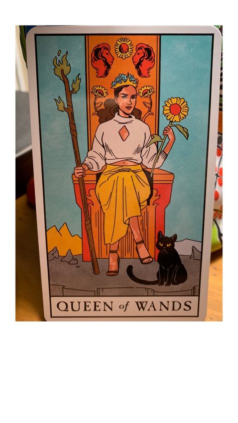 The Queen of Wands from Modern Witch Tarot is one of the most confident women ever. She is absolutely sure of herself, her role in life, her authority, and her willingness to call out those who unfairly criticize her (or her cat).⁠ .⁠ I don’t think this queen has any doubts about her abilities. I believe I need to adopt some of her attitude this week 🌟 @liminal_11 Sagittarius Leo, Queen Of Wands, Leo Aries, Wand Tattoo, King Of Wands, Tarot Tattoo, Wands Tarot, Witch Tarot, Tarot Astrology