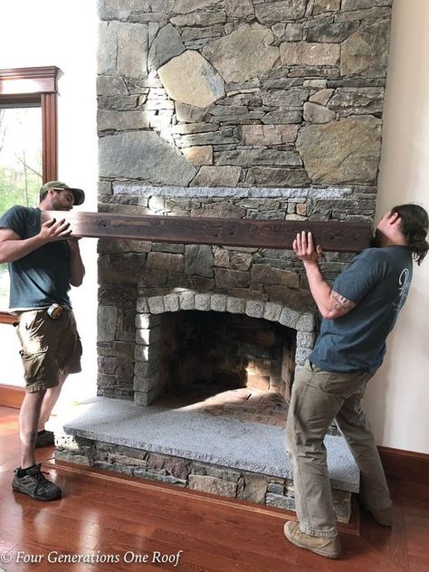 Mantel Installation, Corner Stone Fireplace, Diy Stone Fireplace, Rustic Farmhouse Fireplace, Beam Mantel, Stone Fireplace Makeover, Stone Fireplace Wall, Farmhouse Fireplace Decor, Fireplace Mantel Designs