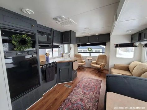 14 RVs with Dark, Black Interiors | RV Inspiration Rv Makeover Ideas, Tranquil Office, Black Brick Fireplace, Black And White Backsplash, Renovated Rv, Faux Brick Backsplash, Hannah Design, Dark And Moody Interiors, Black Interiors