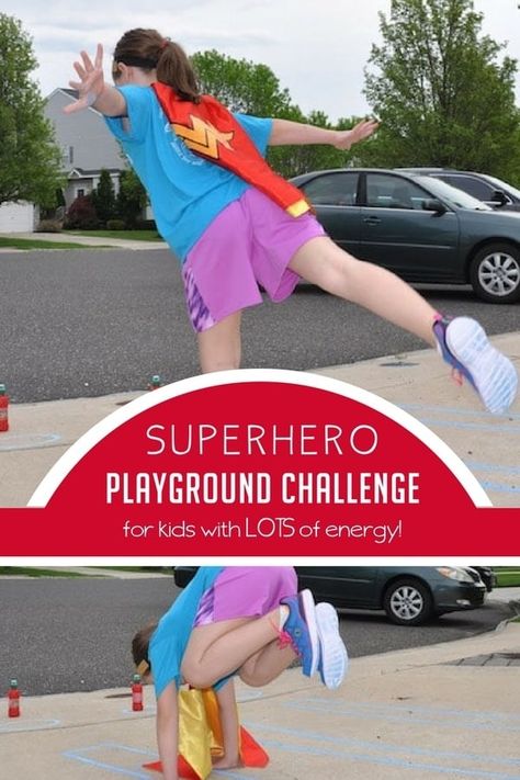 If you have energetic kids or superhero addicts, this Superhero Playground Challenge is a TON of fun! #ad http://handsonaswegrow.com/superhero-playground-challenge/ Superhero Gross Motor Activities, Superhero Theme Preschool, Superhero Yoga, Superhero Week, Superhero Camp, Superhero Craft, Camp Hero, Marvel Birthday, Creative Art Activities