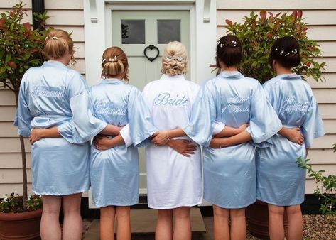 Wedding Robes For Bride Bridal Parties, Bride And Bridesmaid Robes Satin, Dusty Blue Bridesmaid Robes, Blue Weddings Ideas, Dusty Blue Bachelorette Party, Blue Wedding Party Attire Color Schemes, Baby Blue Bridesmaids Dresses, Light Blue Satin Bridesmaid Dresses, Baby Blue Wedding Decorations