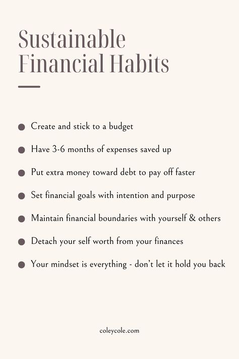 Creating sustainable financial habits will carry you far, especially in times of financial setbacks or instability. Having a support system and safety cushion to fall back on when times get tough is extremely vital to your financial health. It prevents you from falling back into old patterns or habits that are bad for your finances, such as putting everything on a credit card you can't pay off. These habits are the foundation upon which your financial future is built, so make sure it's strong. Financially Comfortable, Financial Learning, Financial Stewardship, Financial Intelligence, Money Management Activities, Financial Counseling, Saving Money Chart, Money Chart, Financial Habits