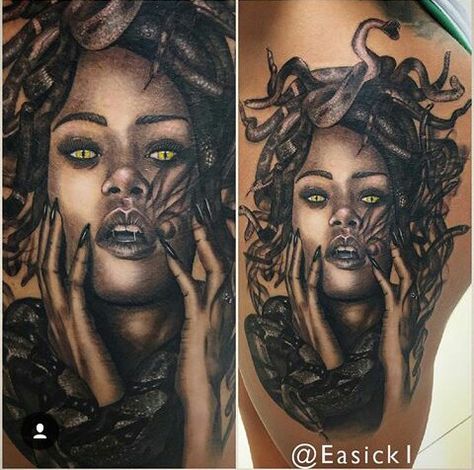 Medusa by @easick1 Afrocentric Medusa Tattoo, African American Medusa Tattoo, Black Madussa Tattoo Design, Medusa With Locs Tattoo, Rihanna Medusa, Medusa Tattoo Black Women, African Medusa Tattoo, African Medusa, Black Medusa Tattoo