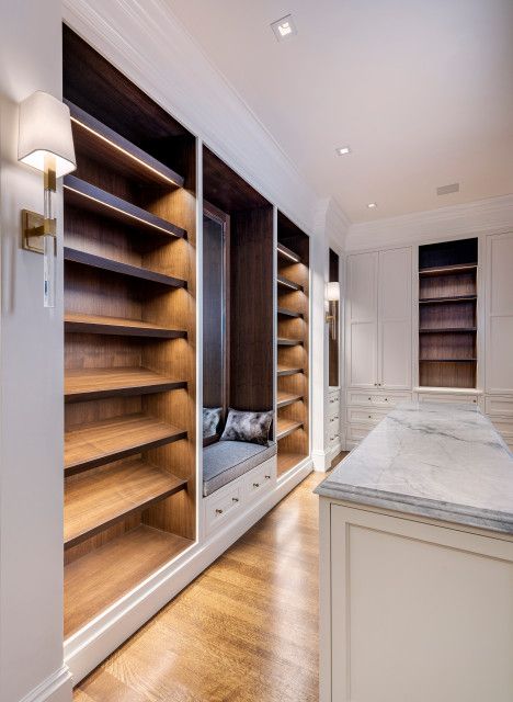 Built In Shoe Rack Closet, Wood Dressing Room, Built In Shoe Rack, 2 Story Closet, Seating Nook, Luxury Dressing Room, Transitional Closet, Rack Closet, Crystal Cabinet