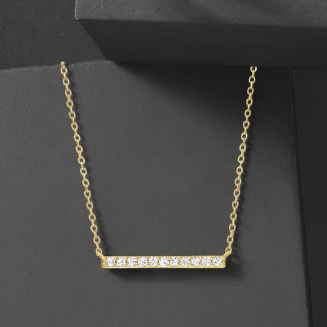 Ross-Simons - .25 ct. t. w. Diamond Bar Necklace in 18kt Gold Over Sterling. 16". A chic look for your daily attire! Here, .25 ct. t. w. diamonds sparkle from an 18kt yellow gold over sterling silver bar at the center of a cable chain with a 2" extender. This gorgeous necklace looks great layered with other favorites. Springring clasp, diamond bar necklace. Diamond birthstones are the perfect gift for April birthdays. Diamond Bar Necklace, Diamond Pendants Designs, Diamond Birthstone, Simple Diamonds, Gold Bar Necklace, Necklace Diamond, Silver Bar, Diamond Bar, Silver Bars