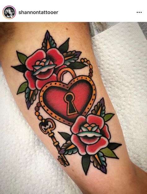 American Traditional Lock Tattoo, Traditional Lock And Key Tattoo, American Traditional Couple Tattoo, American Traditional Locket Tattoo, Traditional Heart Locket Tattoo, Traditional Locket Tattoo, Heart Shaped Lock Tattoo, Key And Lock Tattoo, Padlock Tattoo