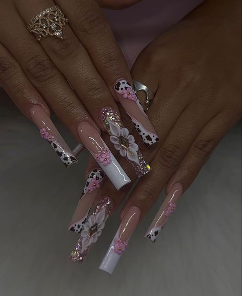 Cowboy Nails, Cow Nails, Nails Pretty, Tropical Nails, Long Acrylic Nail Designs, Long Square Acrylic Nails, Unique Acrylic Nails, Bling Acrylic Nails, Acrylic Nails Coffin Short