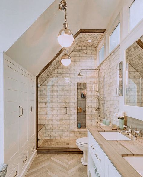 that shower! Sloped Wall Built Ins, Bathroom With Knee Wall, Bathroom Design With Slanted Ceiling, Bathroom In Eaves Small Spaces, Bathroom Vaulted Ceiling Master, Shower In Dormer, Attic Bedroom Ideas Master With Bathroom, Sloped Ceiling Bathrooms, Angled Wall Bathroom Layout