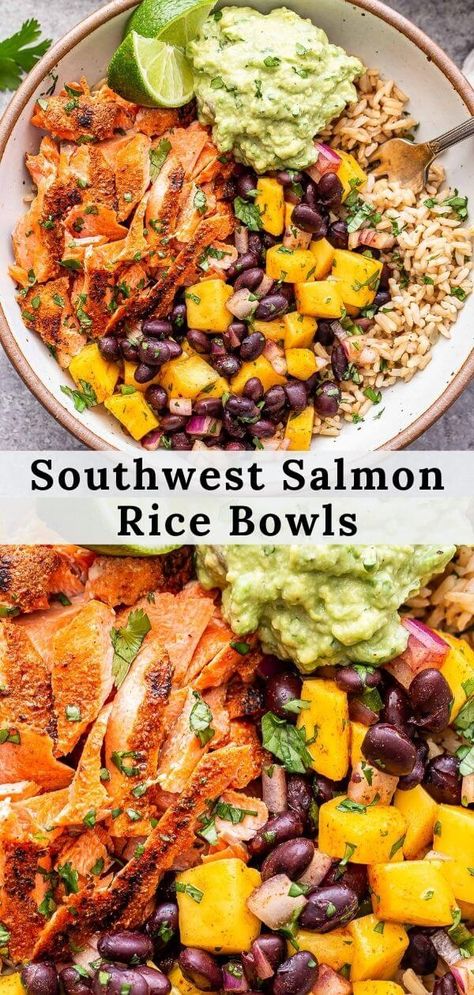 Brown Rice Salmon Bowl, Rice Bowl Recipe Easy, Seasoned Rice With Salmon, Salmon And Black Beans, Salmon And Brown Rice Recipes, Salmon Rice Bowl Recipes, Healthy Pescatarian Meals, Fish Rice Bowl, Meal Prep Rice