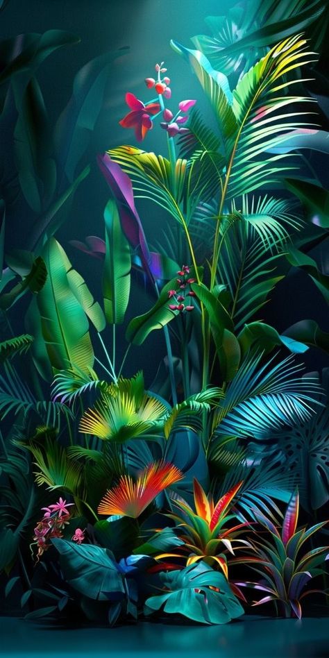 Tropical Jungle Aesthetic, Jungle Aesthetic, Tropical Style Interior, Jungle Painting, Lotus Flower Pictures, Tropical Poster, Neon Jungle, Tropical Illustration, Plant Tattoo