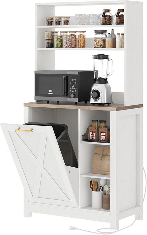 Amazon.com: DWVO Bakers Rack Microwave Stand Cabinet with Trash Can Bin Cabinet and Power Outlet, 6-Tiers Farmhouse Kitchen Tall Thickened Coffee Bar Table Station with Storage Shelf (Rustic Oak) Coffee Bar And Microwave Station, Microwave Coffee Station, Cabinet With Trash Can, Pantry Cabinet With Microwave, Microwave Table, Tilt Out Trash Can, Trash Bin Cabinet, Cabinet With Microwave, Tall Kitchen Pantry Cabinet